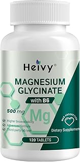 Heivy Magnesium Glycinate 500mg with Vitamin B6, Magnesium Supplement Supports Nerve Health, Sleep & Muscle Relaxation, Vegan, Gluten-Free, Made in USA, 120 Tablets