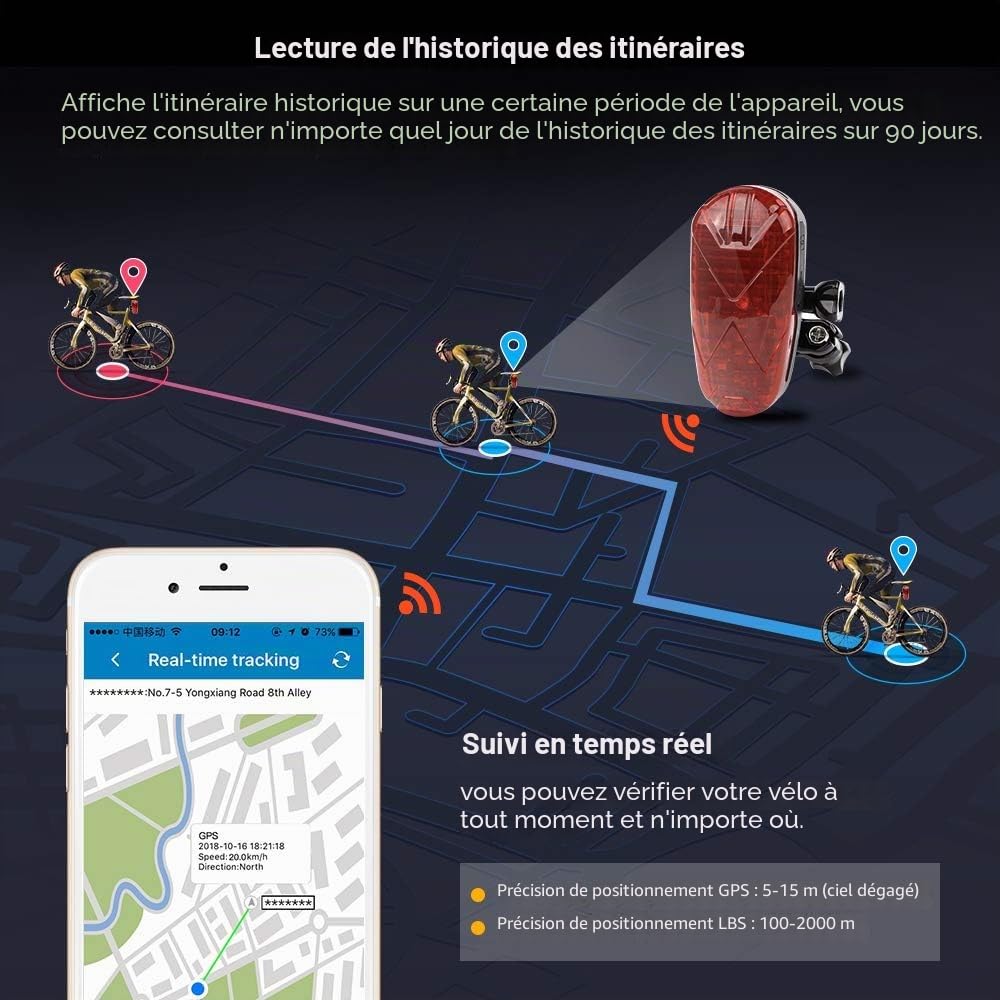 4G Traceur GPS Vélo Feu Arrière Vélo 2 en 1 Antivol Suivi en Temps Réel Tracker GPS Enfants Étanche Traqueur Alarme SOS Alarme de Survitesse Contrôle APP et SMS TK906