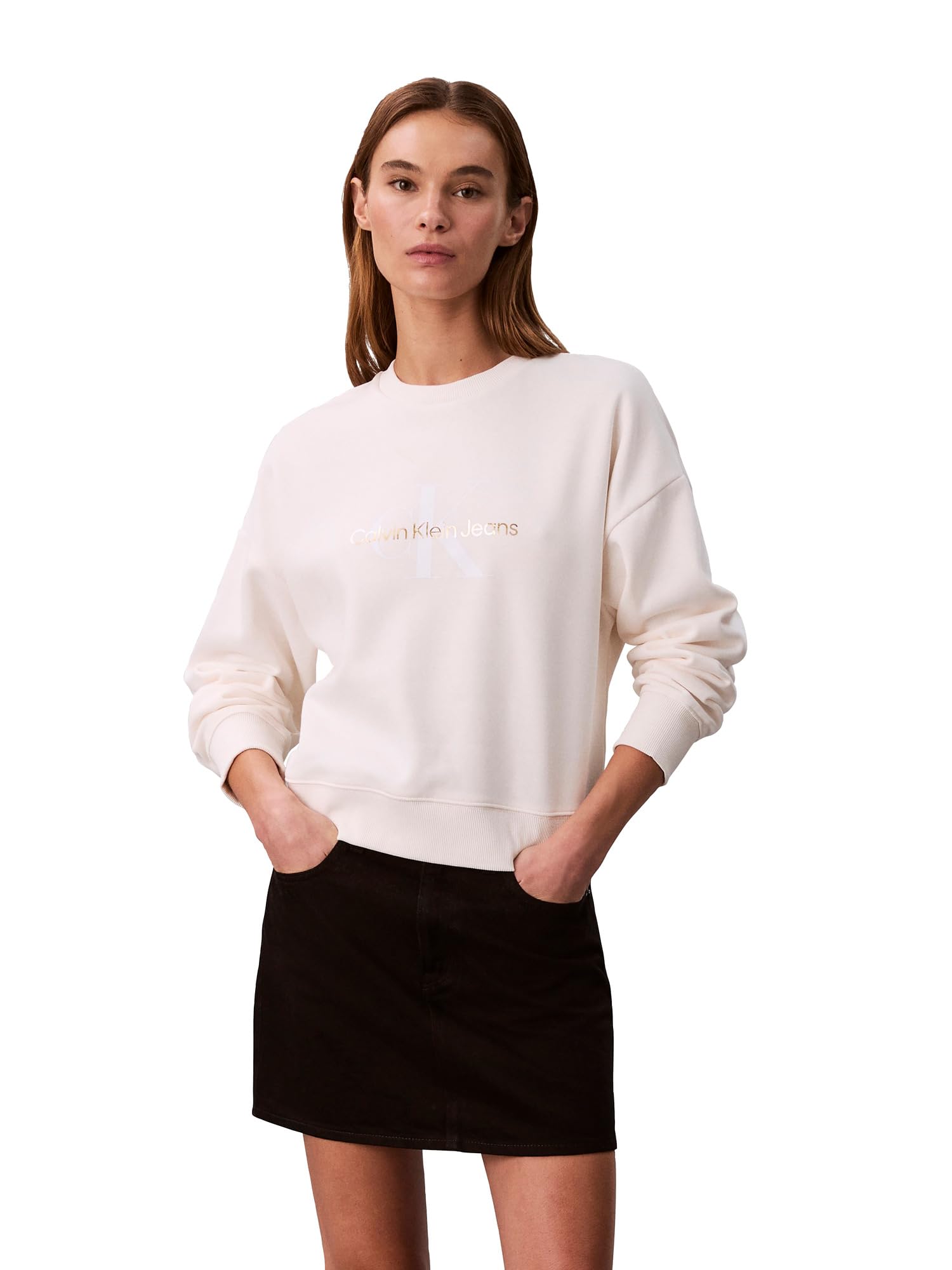 Calvin Klein Women's Monogram Logo Crewneck Sweatshirt, grey white, XL