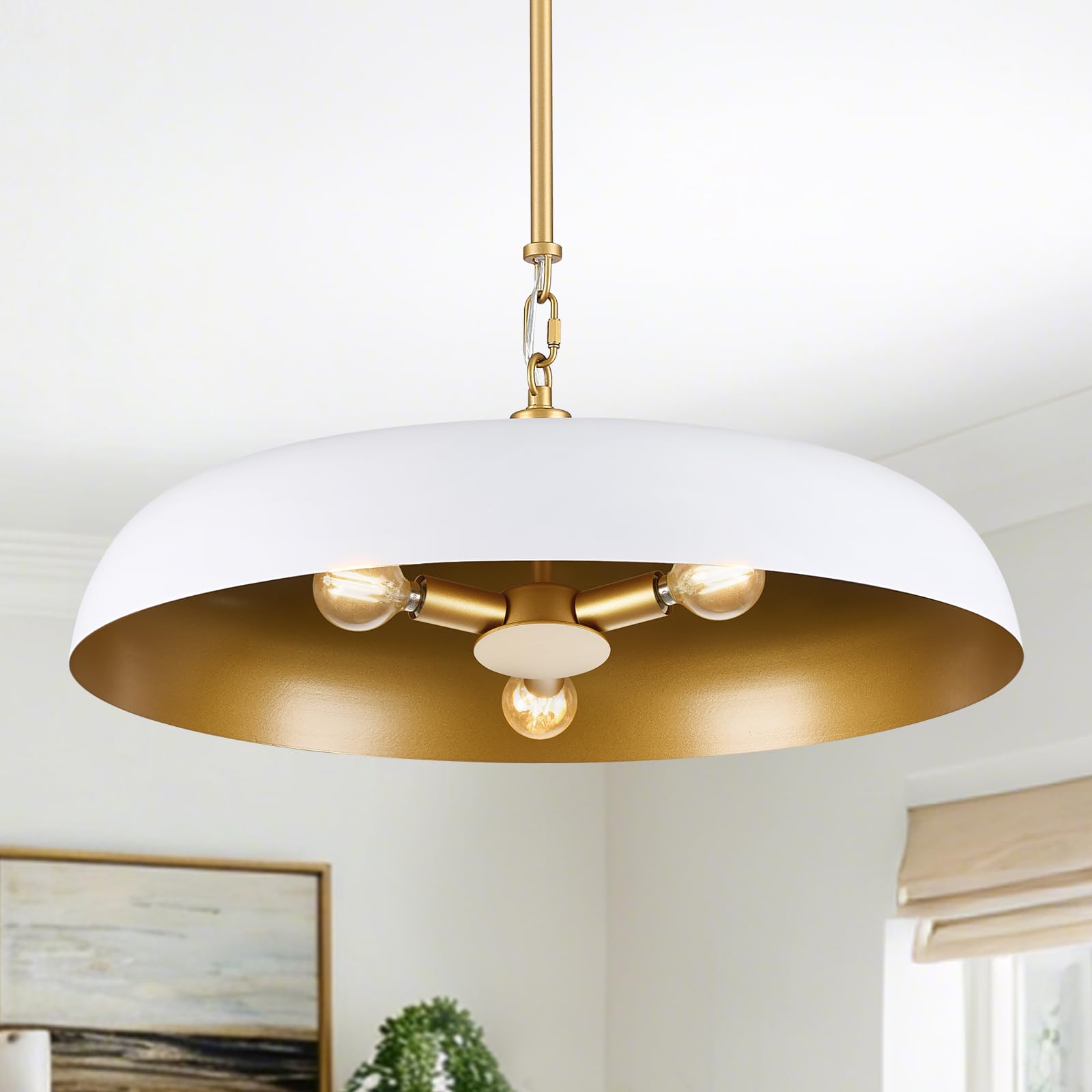Photo 1 of Large Pendant Light 20in White and Gold Dome Pendant Lights 3 Light Socket Pendant Light Fixture with Adjustable Pendant Lighting for Kitchen Island Dining Room Kitchen Sink, E12