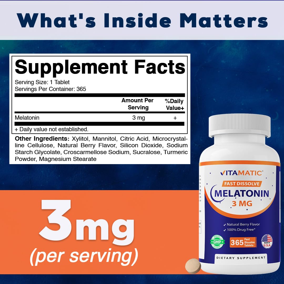 Vitamatic Melatonin 3 mg Fast Dissolve Tablets, Berry Flavor, 365 Count — Amazon image 2