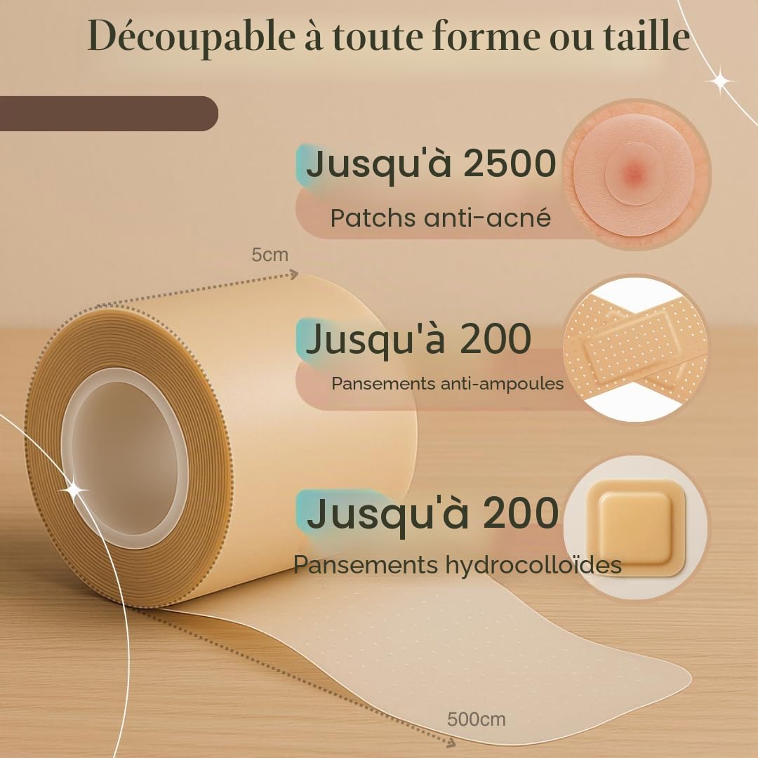 Rouleau de pansement hydrocolloïde 5 cm x 5 m – Ruban adhésif imperméable à découper – Patch de bandage flexible et doux pour la peau pour ampoules, acné, plaies mineures – Autocollant et sans latex