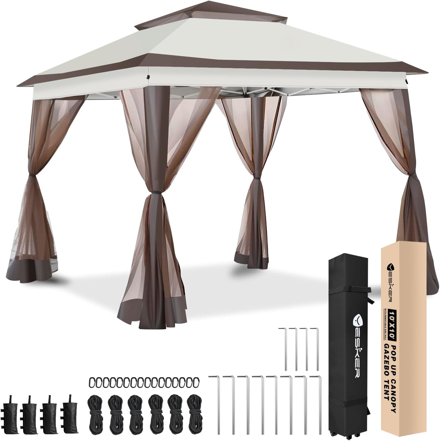 Yesker 10×10 Pop Up Canopy Tent w Mesh Netting Sidewall Vented Top – Heavy Duty Outdoor Canopy, Easy Setup Shelter Gazebo Waterproof 10×10 Popup Tnets for Patio Backyard Parties & Events, Khaki Brown