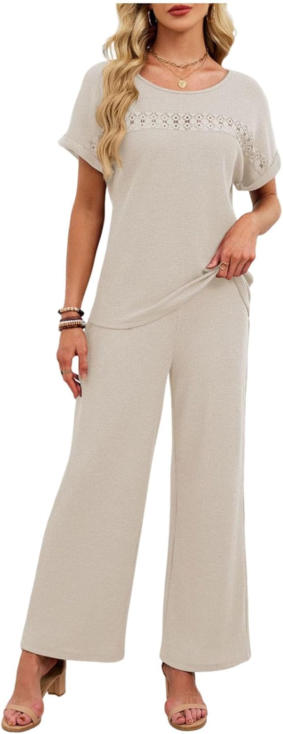 Oplxuo Pajamas for Women Set 2pcs Short Sleeve Eyelet Top and Long Pants Soft Sleepwear Comfy Spring Pjs Lounge Sets