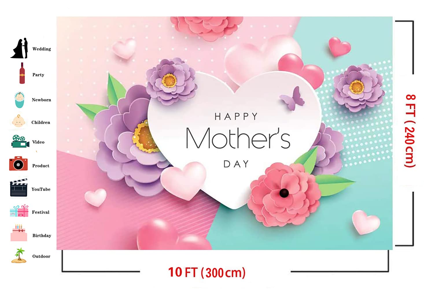D?vt 10x8ft Happy Mother's Day Backdrops Love Heart...