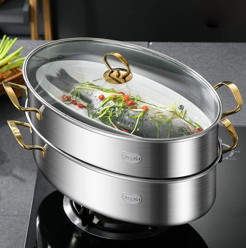 Boilers 304 Steaming Fish Pot Household Thick Stainless Two Oval Steamer Seafood Induction Cooker Steamer(One layer)