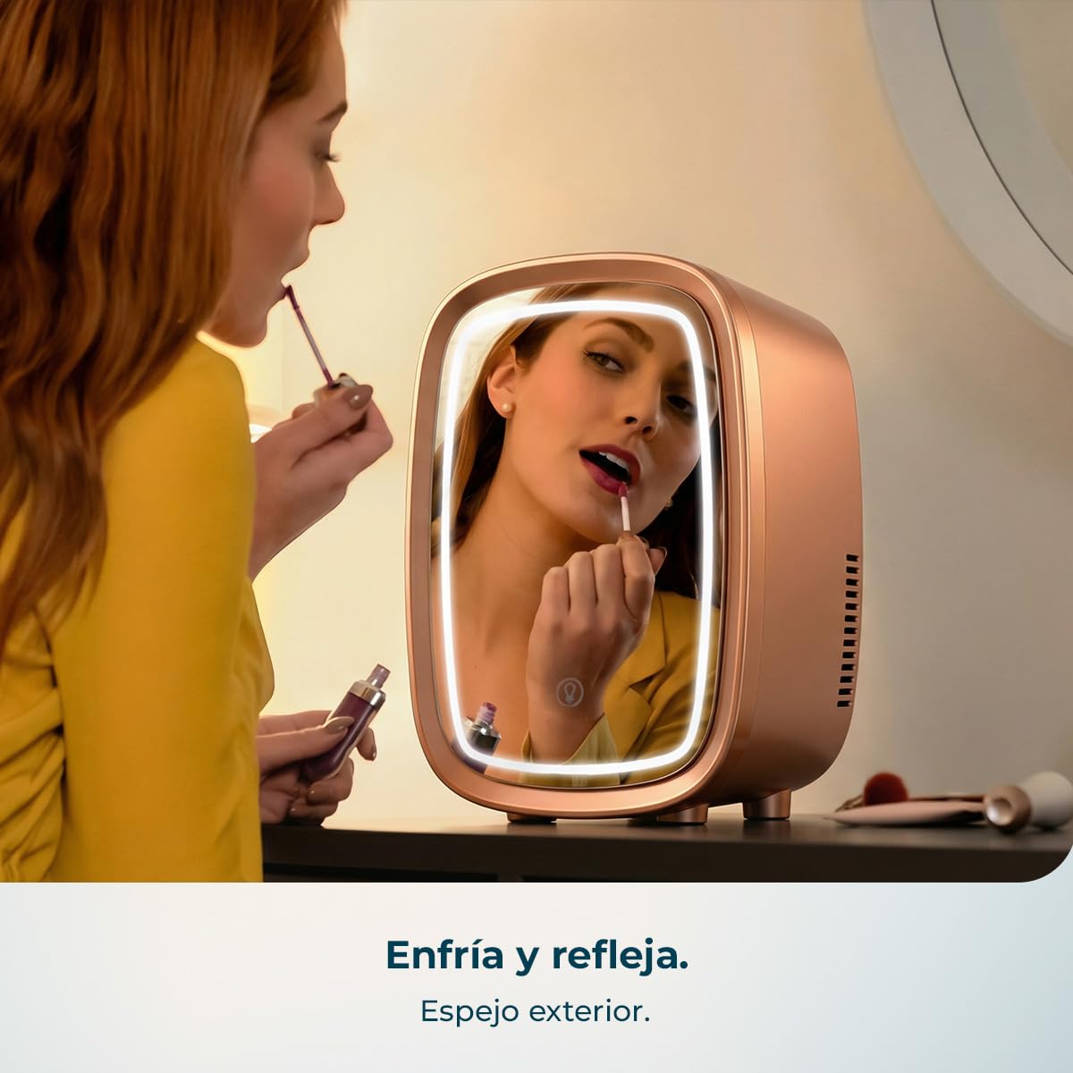 Cecotec Nevera Pequeña de Cosméticos 4L con Espejo CoolingBeauty 4000 Mirror Rose. Luz LED con 3 Intensidades, Hasta 5ºC de Enfriamiento, Asa Superior, Bajo Ruido, Incluye un Estante Interior - 4