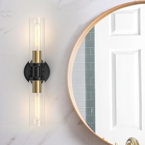 Espird Lámparas de baño de 2 luces negras y doradas, luces de tocador de baño sobre espejo, apliques de pared, iluminación industrial de baño,