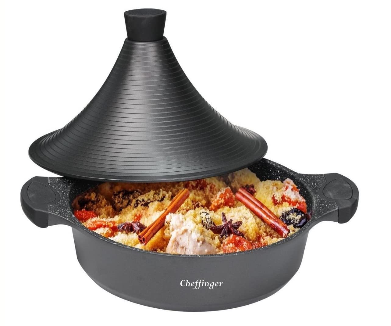 Cheffinger Fonte D'Aluminium Tajine Ø32cm Induction Silikongriffe Marmite Cuit-Vapeur Rôtissoire
