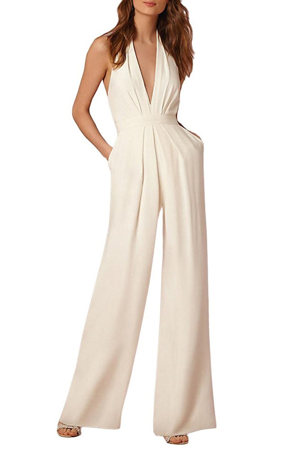 BOLAWOO Monos De Vestir Mujer Fiesta Largos Pantalones Anchos Elegantes Sin Mangas V Cuello Hombro Descubierto Espalda Descubierta Moda Coctel Fiesta Mono Largo Jumpsuits