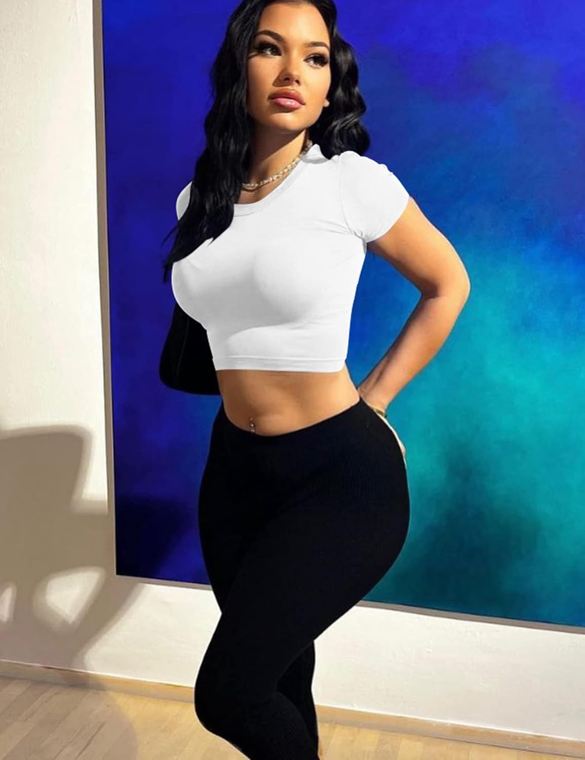 Kaximil Women's Short Sleeve Crop Tops Cute Casual Basic Crew Neck Tight T Shirts - Image 4