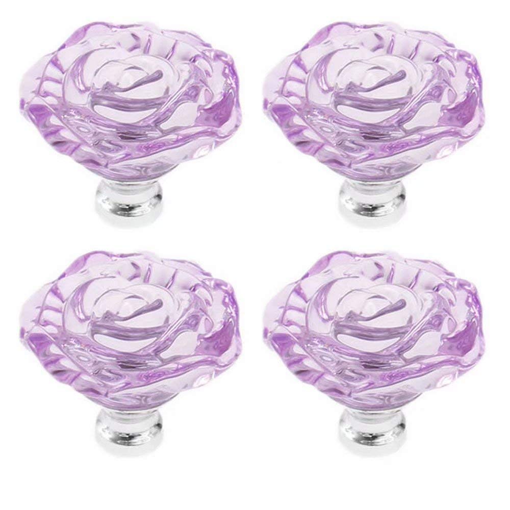 Frolahouse 4 PCS 50mm Purple Crystal Glass Rose Pull Handle Cabinet Knobs Cupboard Drawers Cabinet Dresser Bookcase Wardrobe Handles