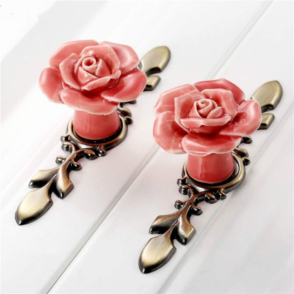 Ceramic Rose Flower Cabinet Knobs with Bronze Backplate, Vintage Kitchen Drawer Pull Handles for Dresser Cupboard Wardrobe with 2 Size Screws, 6 Pack (Pink New)