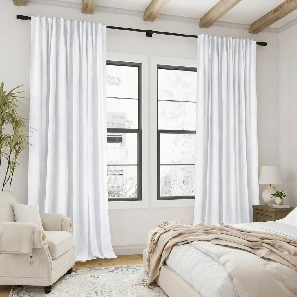 PANELSBURG 92 Inch Curtains 2 Panels Set,Linen Back Tab Pleated Room Darkening White Blackout Curtains 92 Inches Long for Living Room Bedroom