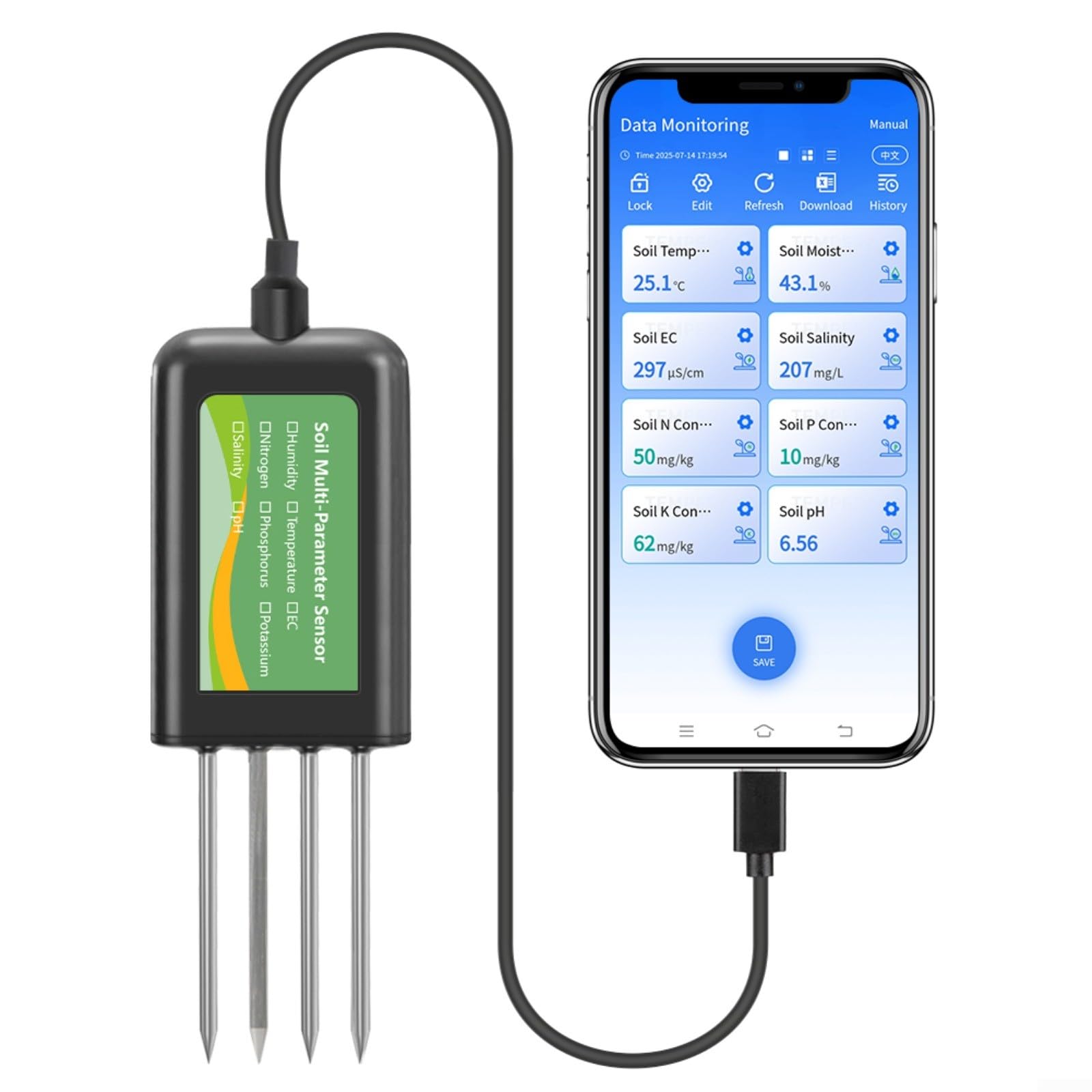 Sensor de suelo USB para Android y para sistemas hongmeng, medidor de humedad de pH IP68 NPK con cable de 2 m
