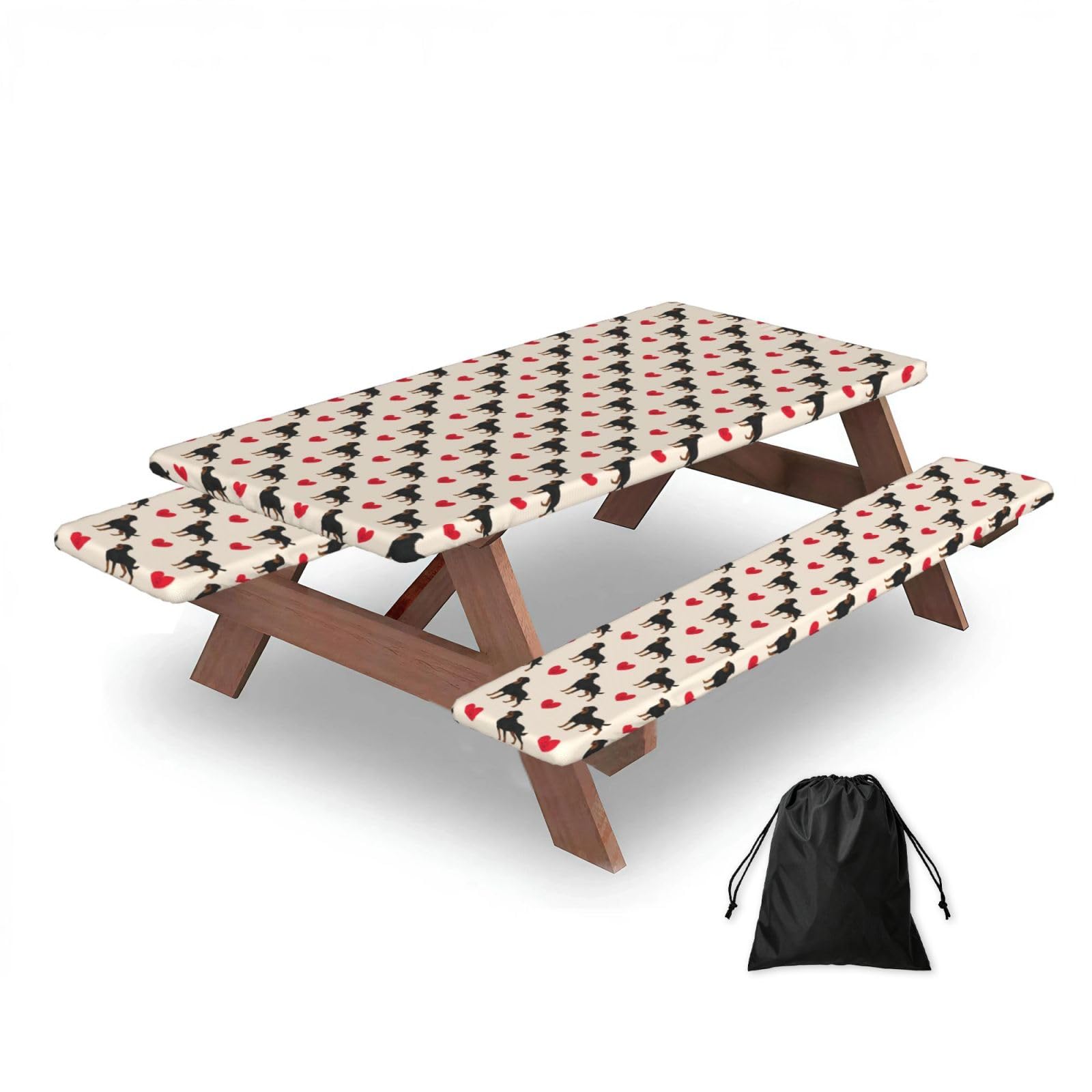 Dopklna As Picture Rottweiler Dog Colorful Heart, Picnic Table Cover With Bench Covers -Waterproof Elastic Fitted Tablecloth For Garden Camping Patio 76X152cm