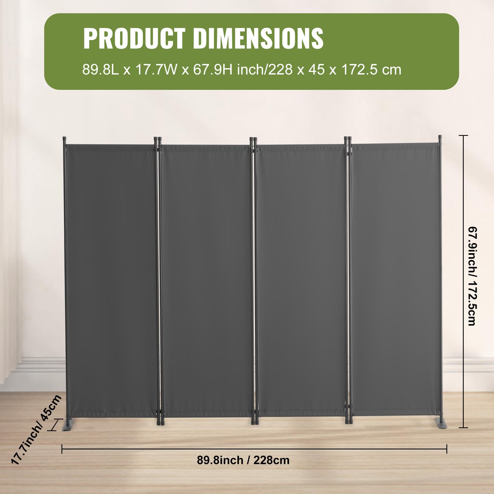 VEVOR Cloison de séparation en Tissu, séparateur de pièce Pliable à 4 Panneaux, paravent de confidentialité intérieur pour Bureau, Chambre, Salle à Manger, Maison, autoportant, 228x45x172,5 cm, Gris