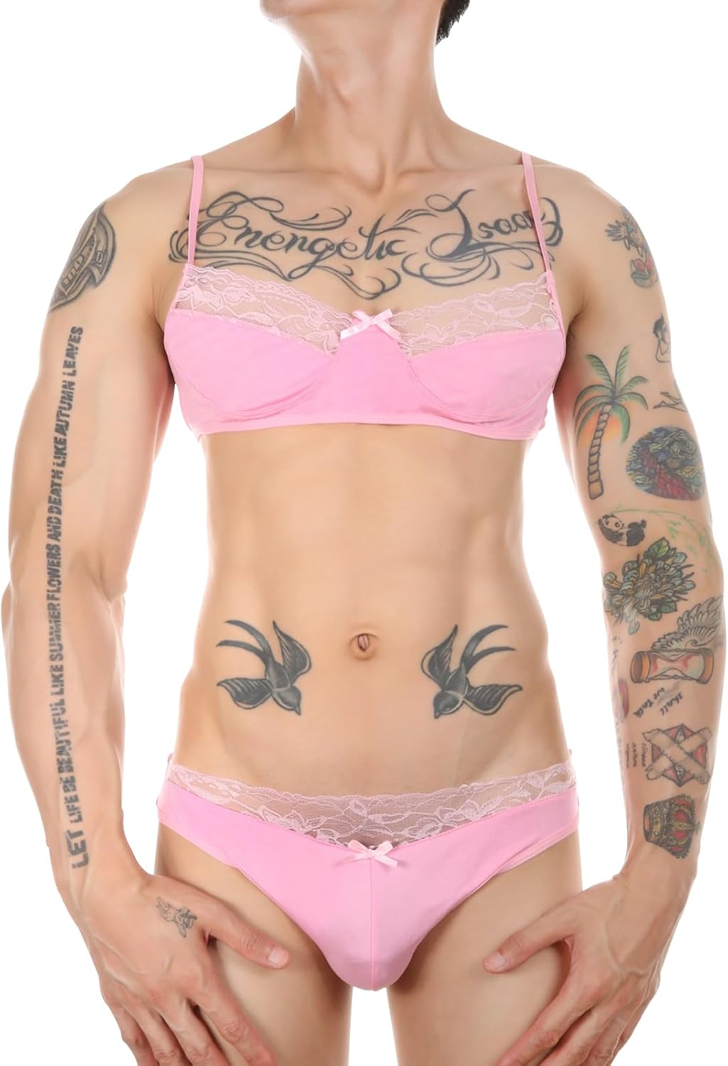 Mens Lace Bikini 2pcs Silky Bra and Underwear Briefs Set Swimsuit Sexy Crop Tops Sissy Panties