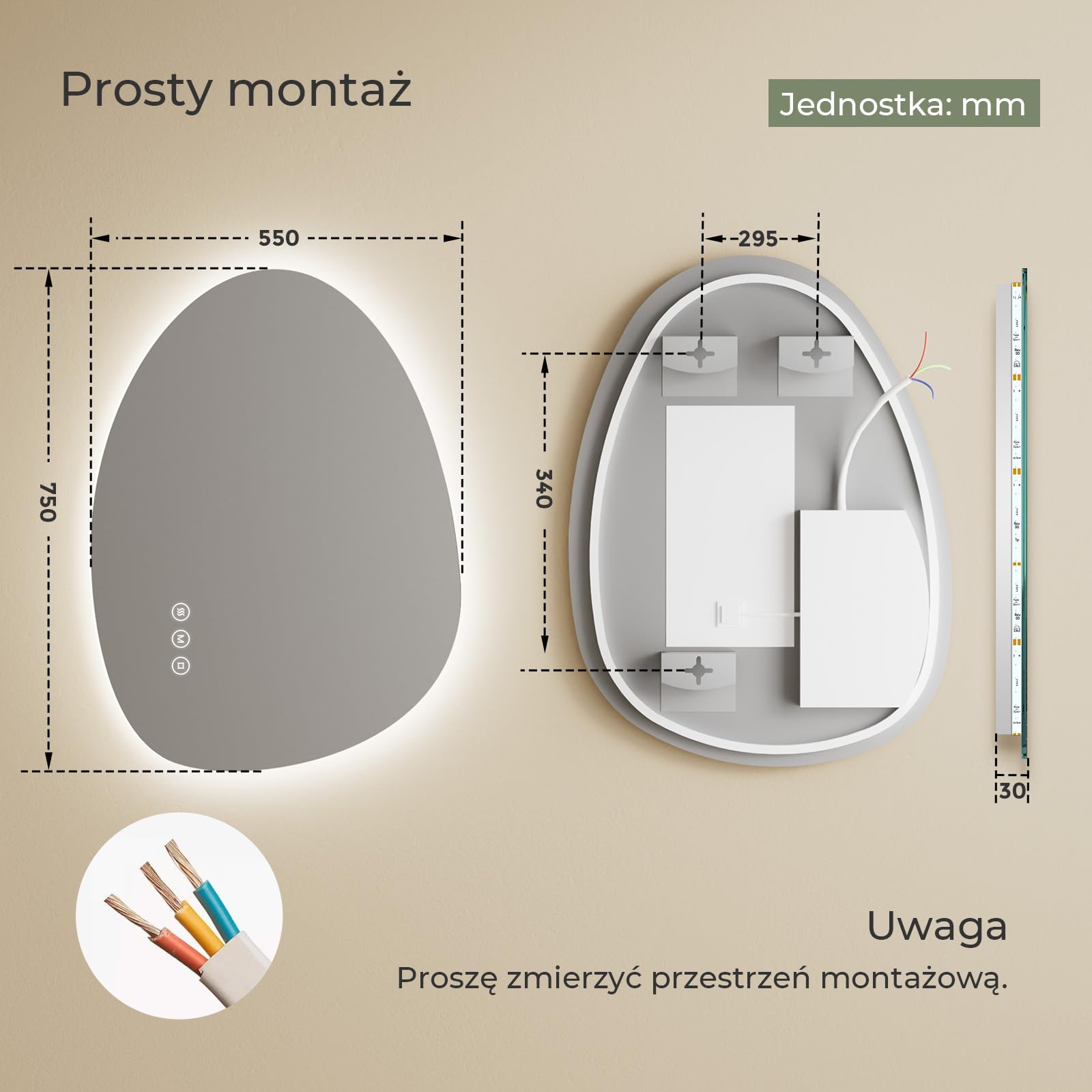 S'AFIELINA Asymetryczne Lustro łazienkowe LED, Lustro z oświetleniem LED 55x75 cm, Backlight, Antypara, 3000K/4000K/6500K, Ściemnialne, Funkcja pamięci, Sterowanie dotykowe, Montaż pionowy/poziomy