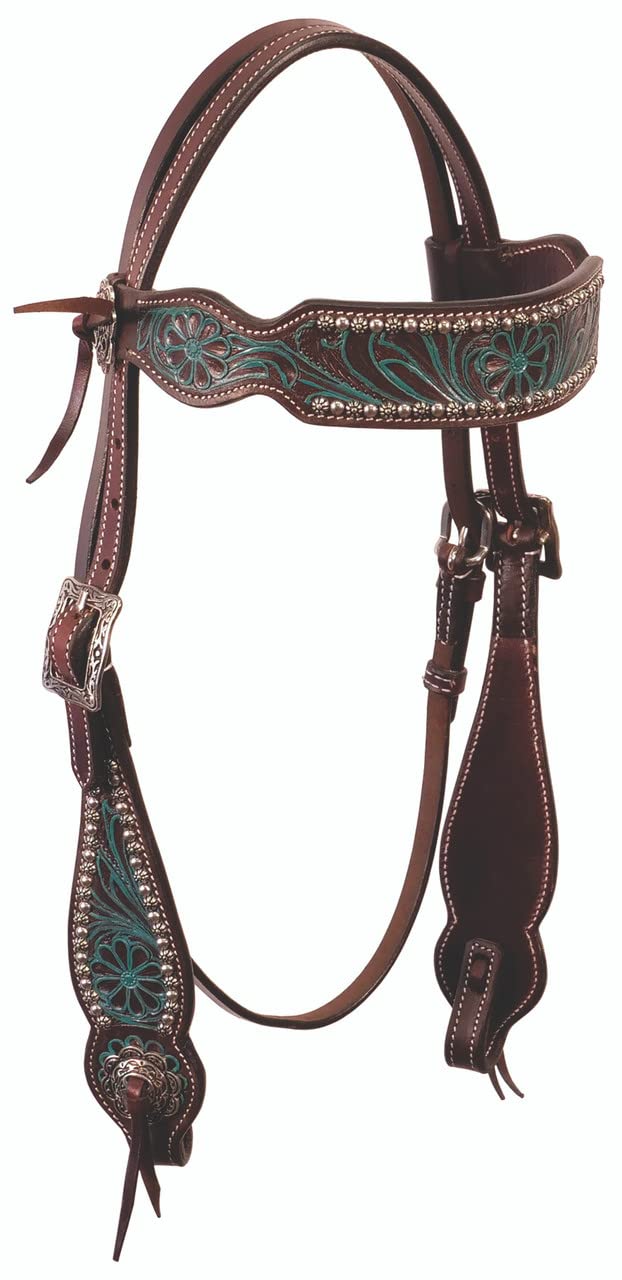 Buffalo Leather Western Browband Headstall Tooled with Dots and Turquoise Accents (Dark)