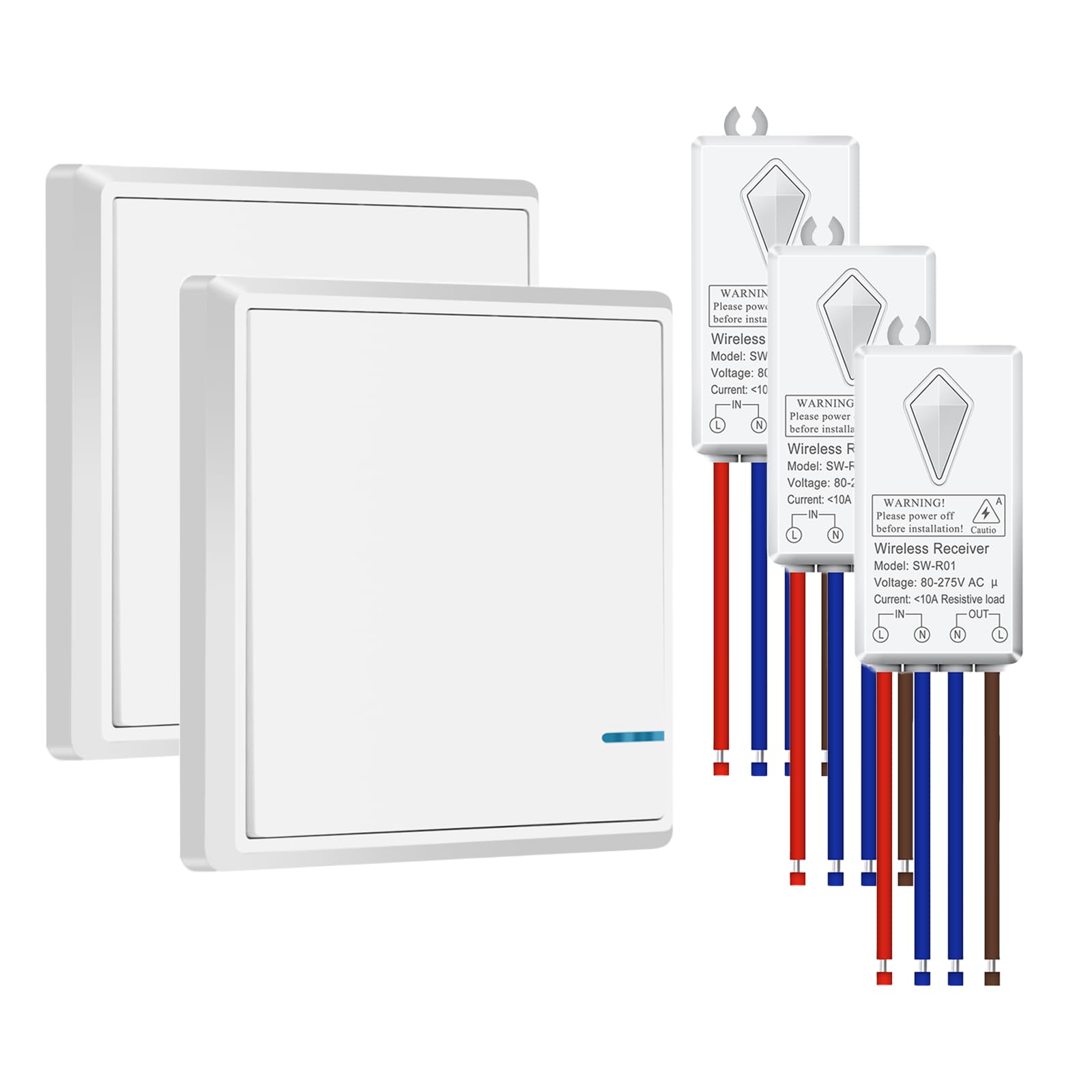 Wireless Light Switch Kit,NineLeaf Wireless Switches for Lights AC 80~275V,Remote Control Range 400m,10A 1000W LED for Lighting Fixtures and other Appliances,2 Switch 3 Receiver