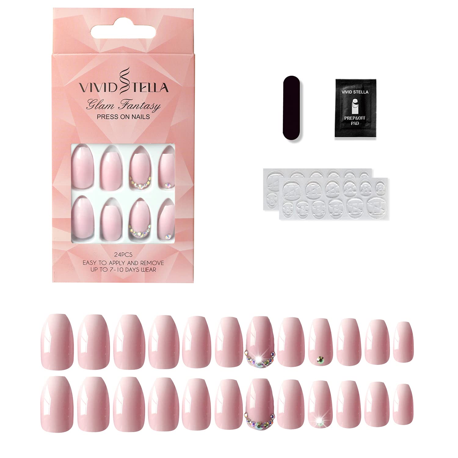 24Pcs False Nails Coffin Fake Nail VIVID STELLA Acrylic Stiletto Nails Full Cover Tips Manicure 10 Sizes for Women Girls…