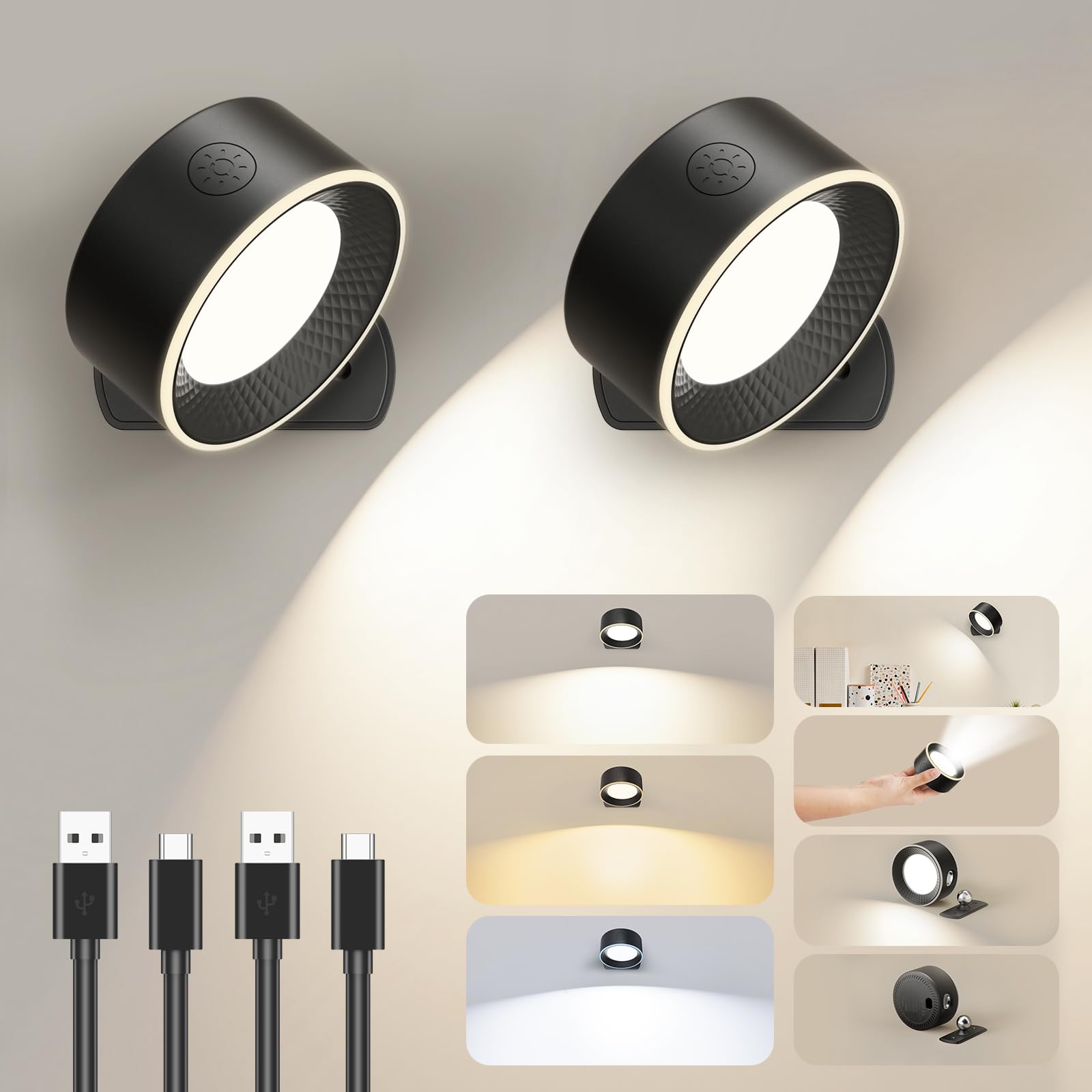 Giliwosy 2 Stück LED Wandleuchte Innen, 3 Farbmodi, 360° Magnetisch Drehbar, USB-C Aufladbar, Wandlampe Akku Dimmbar für Schlafzimmer, Wohnzimmer, Kinderzimmer Treppenhaus Flur-Schwarz