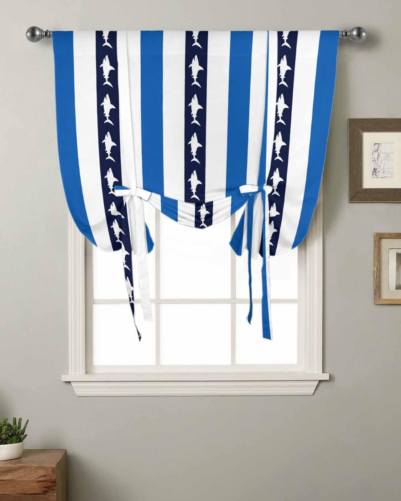 ARTSHOWING Blue Coastal Shark Tie Up Curtains for Windows 45 Inch Length Balloon Curtains Kitchen Adjustable Balloon Window Shade Ocean Stripe Tie Up Valance Bathroom Curtain Window 34