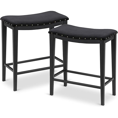 KATDANS Black Bar Stools Set of 2 Counter Height 24 Inches Backless Barstools for Kitchen Counter Modern Saddle Stools Velvet Nailhead Upholstered Stools, KS718PBK, 2Pcs