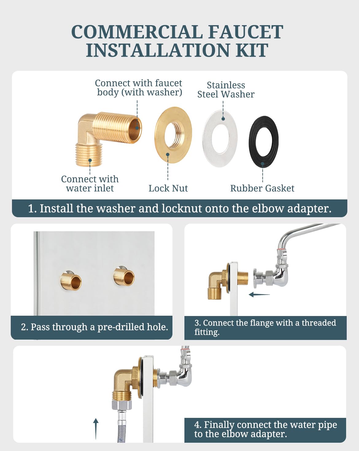 Kit de instalación de grifo comercial, montaje en pared, grifo de cocina comercial, adaptador de grifo de 90 grados para preparación de cocina comercial de acero inoxidable y fregadero de