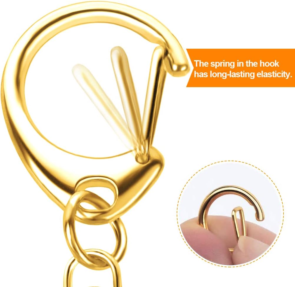 50 Pcs Snap Hook Key Accessories, Maveek Keychain Rings for Lanyard Crafts Metal Key Ring with Chain DIY Silvery Clasps Bulk, Gold D Hook Lobster Clamp Parts Open Jump Ring & Connector Kit for Jewelry