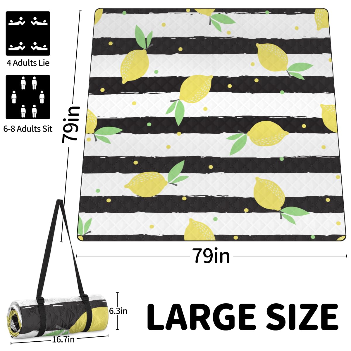 Shimoshe Extra Large Picnic Blankets 79”x 79”, Striped Background Lemon Waterproof Foldable Picnic Mat with Straps Portable Beach Blanket for Camping Park Grass Beach Indoor