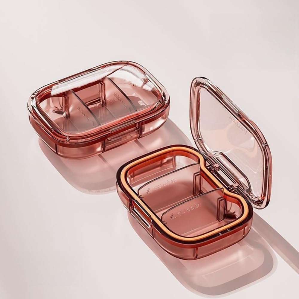 2 Pack Compact 3 Compartment Pill Box Red, Small Moisture Sealed Travel Case, Lightweight Daily Organizer for Pocket Purse