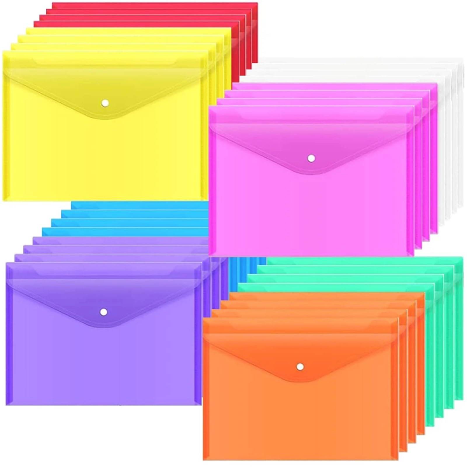 cartella plastica trasparente, Cartella di archiviazione documenti multicolore con bottone a pressione trasparente A4 da 30 pezzi for file Ufficio(White2)