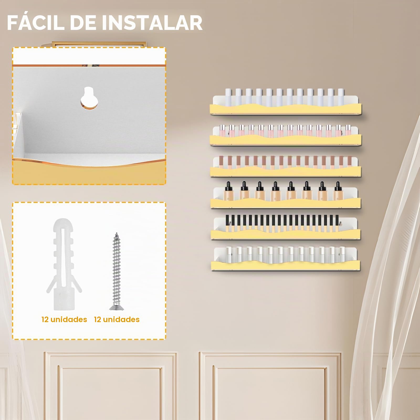 Estantería de pared para esmalte de uñas, 6 estantes colgantes de oro de estante de esmalte de uñas, 38 cm de longitud, acrílico, organizador de exhibición de uñas para 66-90 botellas