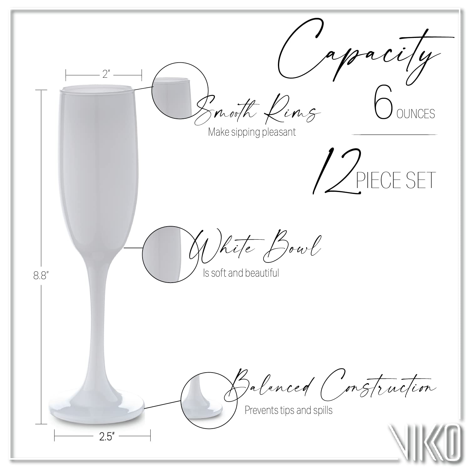 Vikko White Champagne Flutes - Set of 12 -5