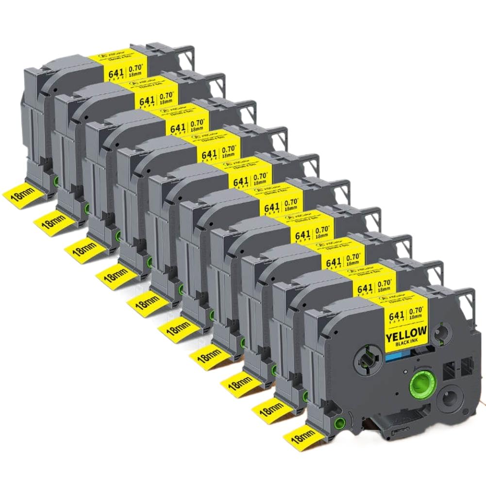 Cinta de etiquetas compatible con rotuladora TZE-241 TZE241 TZE641 10 piezas 18 mm laminada en negro sobre blanco(Black on Yellow)