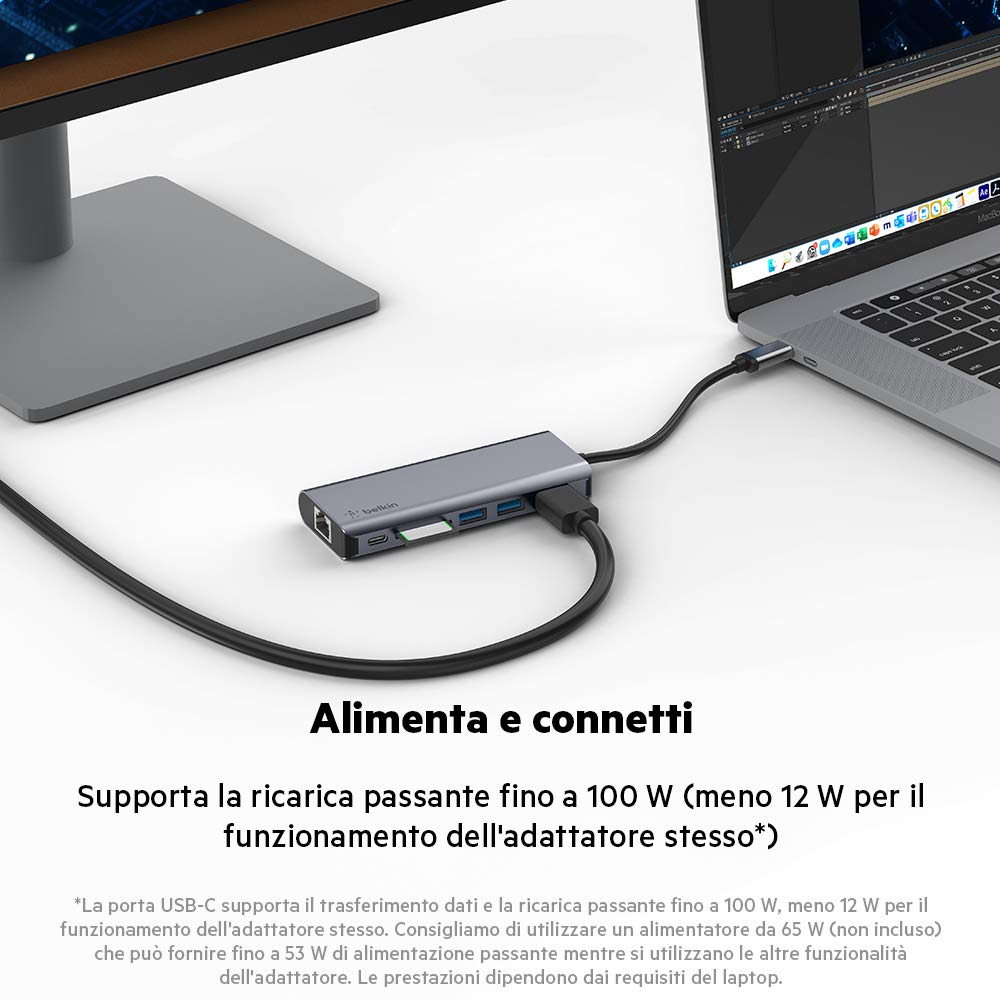 Belkin Hub USB-C Dock Adattatore Multiporta 6 in 1 con HDMI 4K, Alimentazione Passante USB-C PD 100 W, 2 USB-A, Porte Gigabit Ethernet e Slot SD per MacBook Pro, Air, iPad Pro, XPS e Altri
