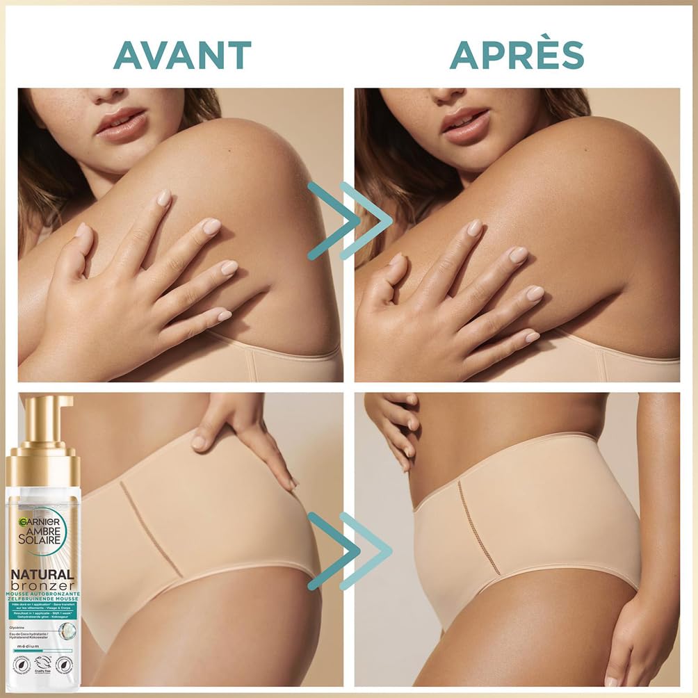 GARNIER Ambre Solaire - Coffret Mousse & Sérum Autobronzants & Hydratants - Teint Naturel & Radieux - Eau De Coco, Glycérine, Acide Hyaluronique - Vegan & Cruelty Free - Visage & Corps