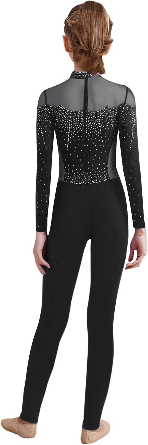Girls Full Body Gymnastics Leotard Long Sleeve Rhinestones Figure Ice Skating Unitards