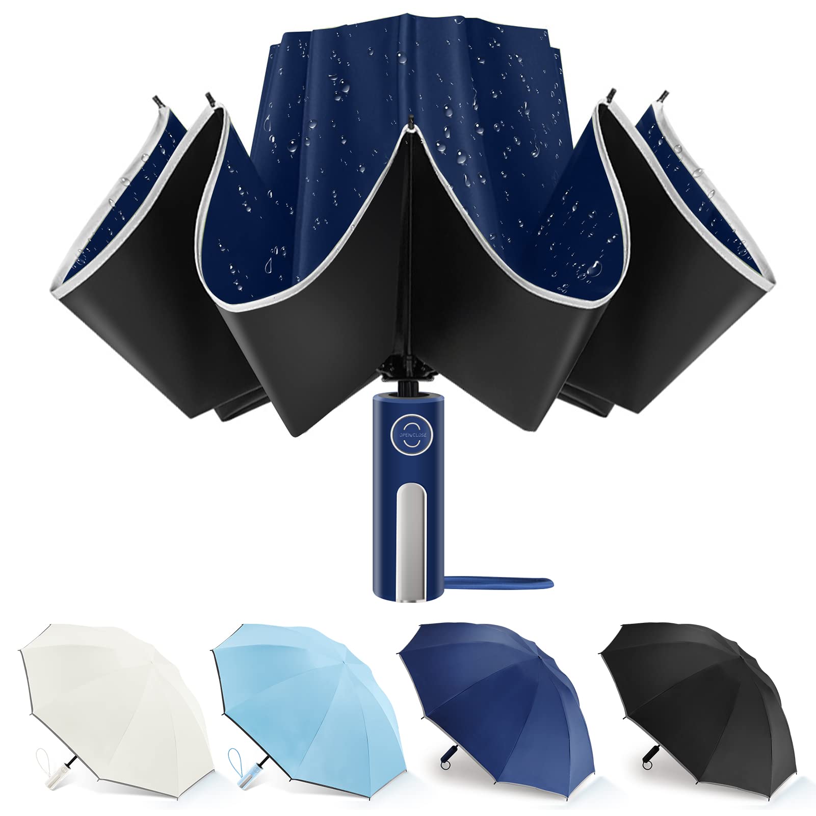 Inverted Umbrella - Large Windproof for Rain & Sun, Compact Reverse With Reflective Stripe, Teflon-Coated for Women Men, Travel Folding With Cover Bag