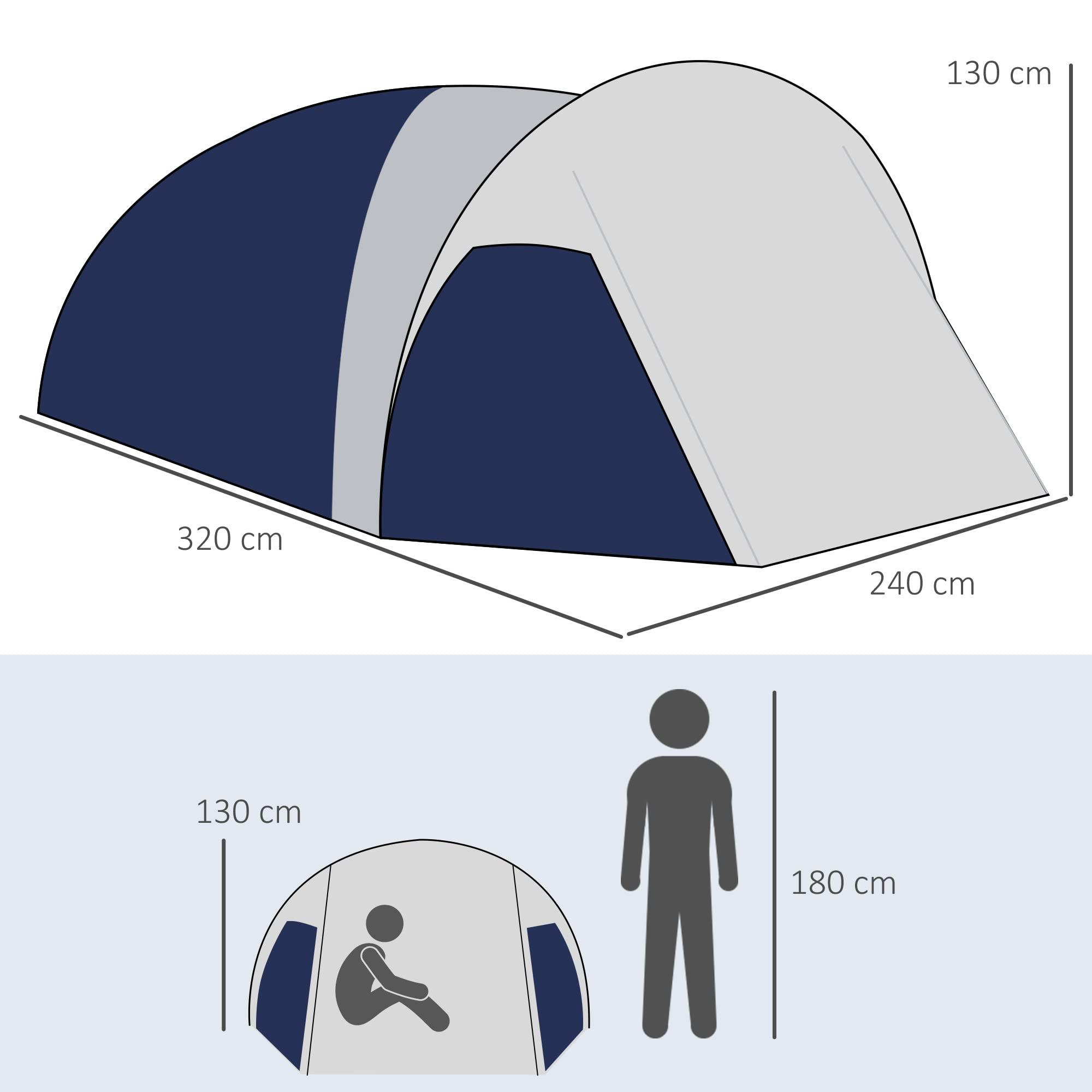 Outsunny Tente de Camping 3/4 Personnes dôme légère, Facile à Monter | Tente 3 places, ventilée, portes zippées, sac inclus, Oxford 320 x 240 x 130 cm, bleu foncé gris clair