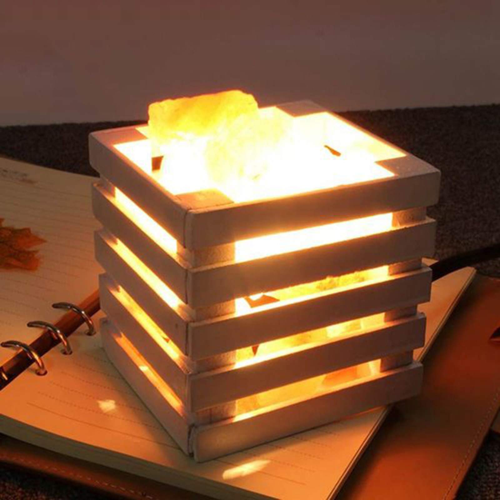 Lámpara de sal de cristal cuadrada de madera, Lámpara de sal del Himalaya creativa, Lámpara de sal de cristal Luz de noche cálida, Lámpara de sal cuadrada de moda, Lámpara de sal antirradiación,White