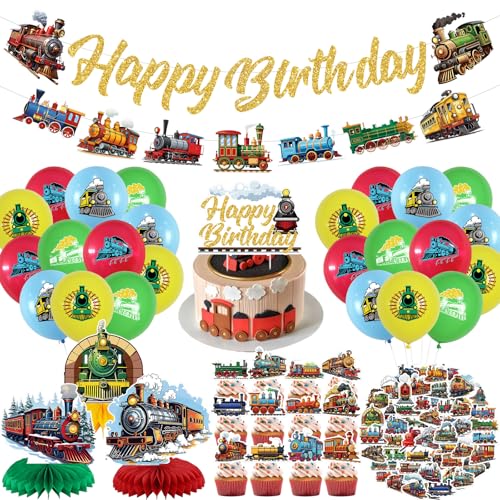 Décorations de fête en train vintage, comprend une bannière « Happy Birthday », des décorations de gâteau, des autocollants, des ballons, des centres de...