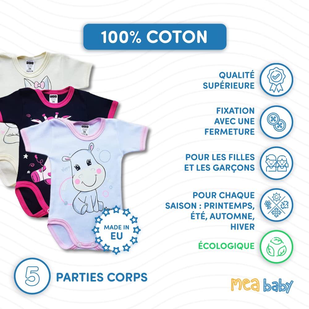 MEA BABY body bébé unisexe à manches courtes 100% coton, lot de 5, avec imprimé (Parent)