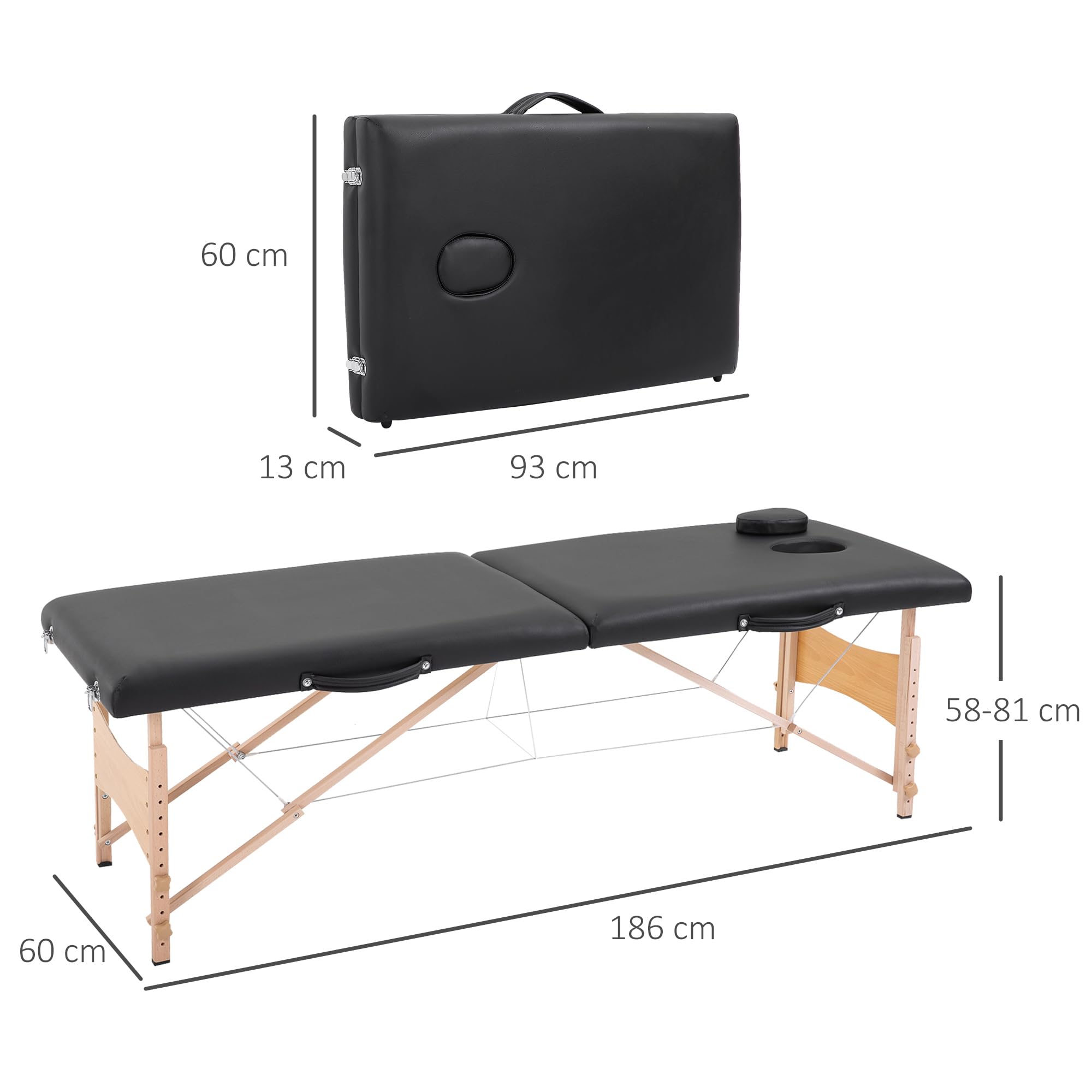 HOMCOM Lettino Massaggio Portatile ad Altezza Regolabile, Lettino da Massaggio con Borsa, Maniglia e Cuscino Rimovibile, 186x60x58-81 cm, Nero