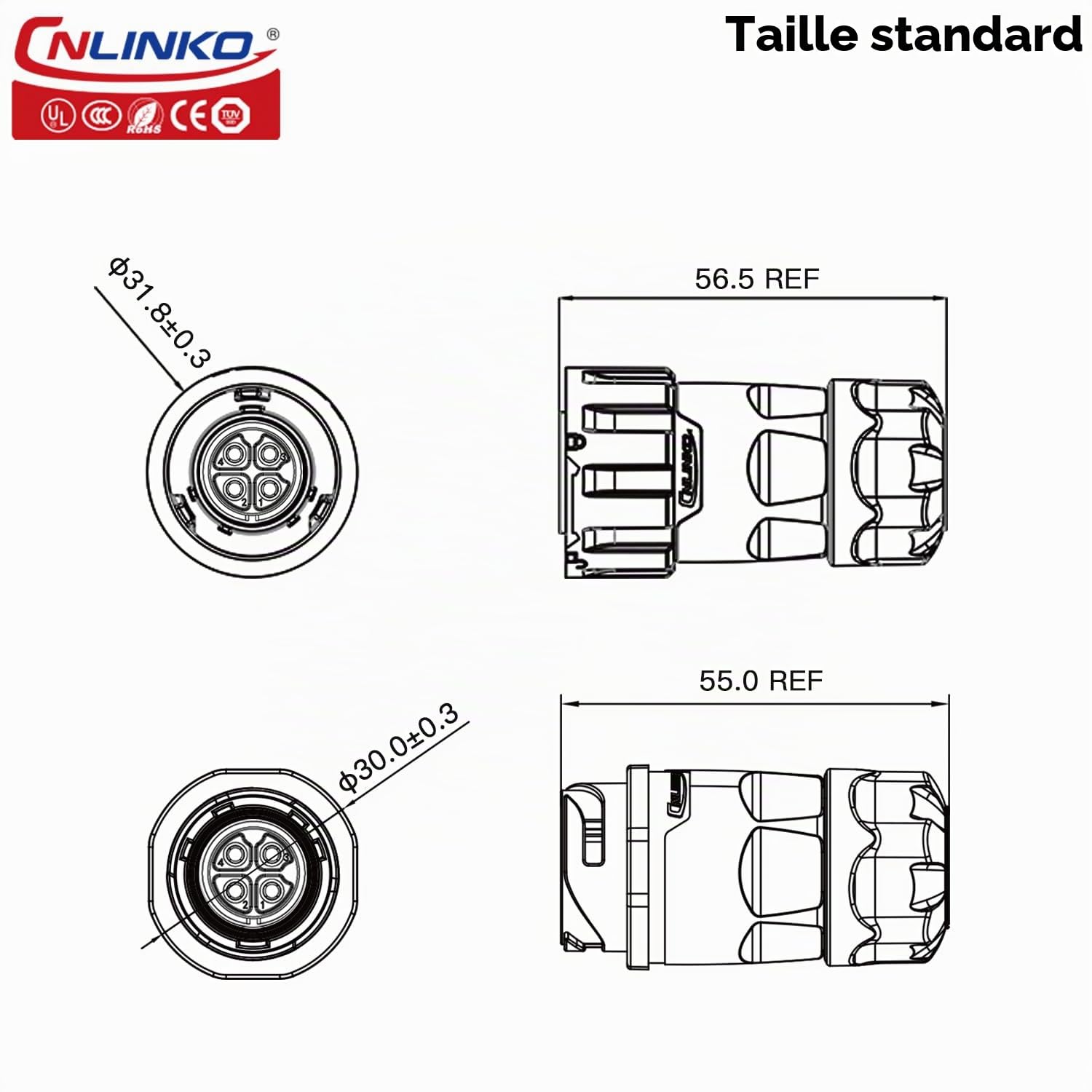 CNLINKO YM-20 Connecteur étanche à 4 Broches, IP68 Connecteur Circulaire, connecteur d'alimentation et de données M20, boîtier en Plastique PBT, Connecteur Aviation à Prise Rapide(4 Broches)