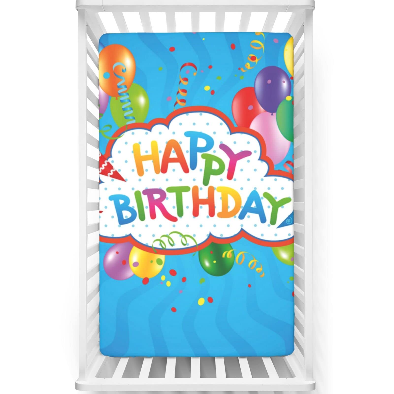 Birthday Themed Fitted Mini Crib Sheets,Portable Mini Crib Sheets Toddler Bed Mattress Sheets - Baby Sheet for Boys Girls,24“ x38“,Multicolor