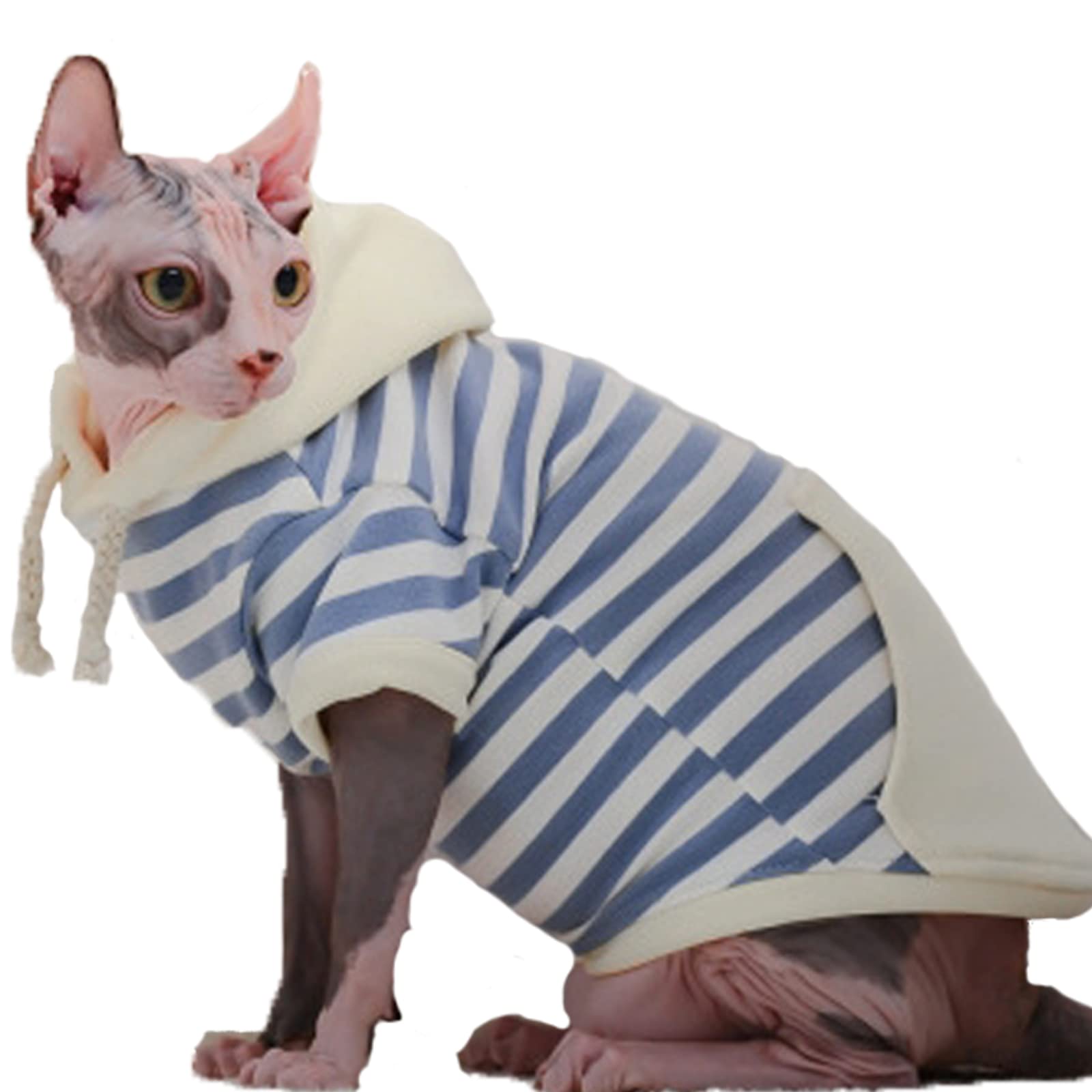BonaweiteSphynx Hairless Cats Shirt, Cornish Rex Kitten Hooded Striped T-Shirts, Breathable Cat Wear Turtleneck Sweater, Adorable Peterbald Cat's Clothes Vest Pajamas Jumpsuit for All Season