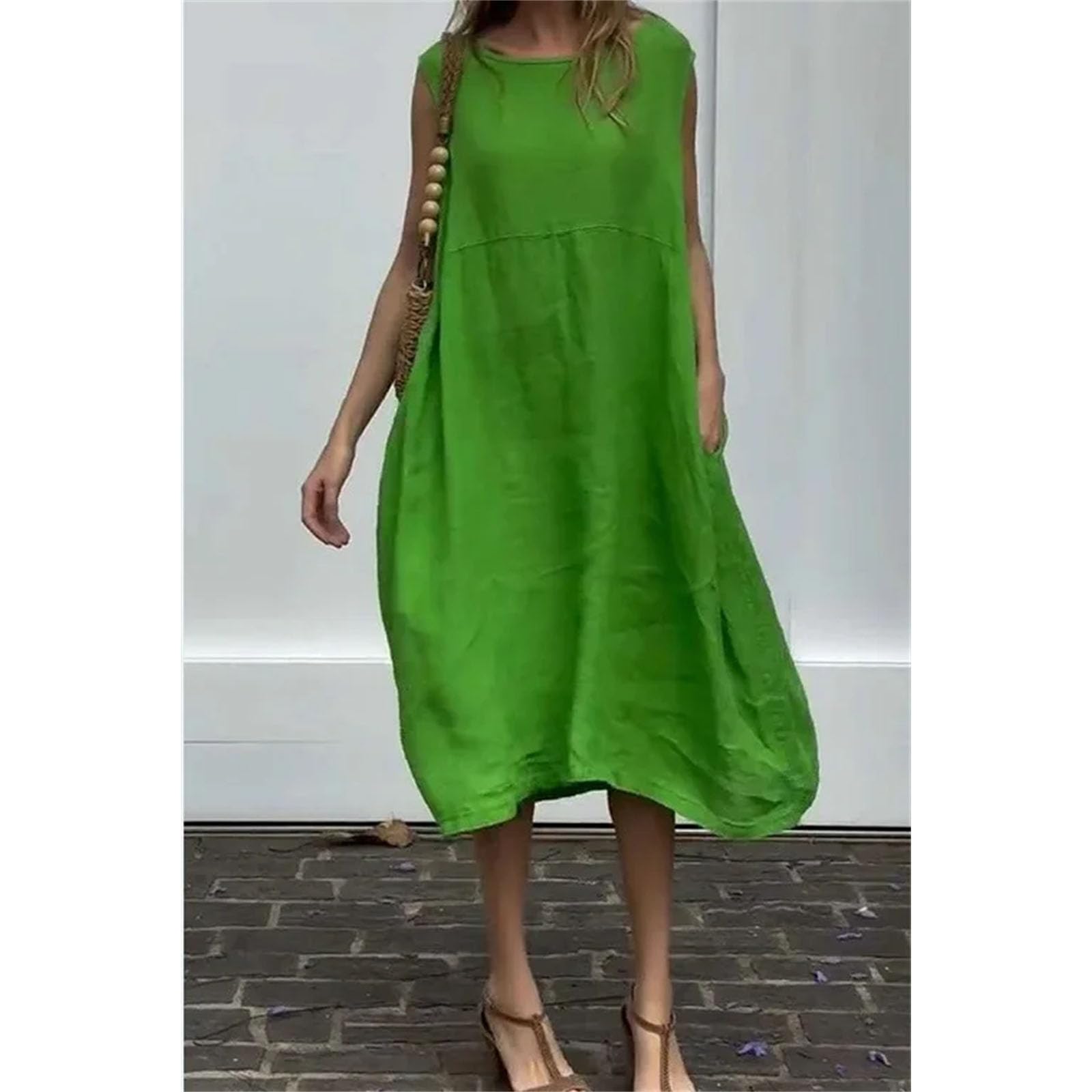 Abito da donna chic minimalista lungo moda tinta unita girocollo senza maniche Boho tasca abito allentato
